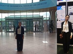 Anamary Pompa Pernía at the entrance of the Dublin Convention Center (left) and in front of her poster on the removal of polystyrene nanoplastics from urban wastewater using aerobic membrane bioreactors (right) (Photos: Cynthia Rieckhof and Lesly Ayala Cabana). 